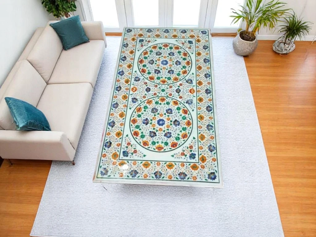 Living Room Sofa Center Table Top - Multi Semi Precious Inlay Gemstone